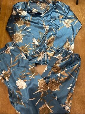 Blue Floral Satin Pajama Set - Women's Two-Piece Sleepwear